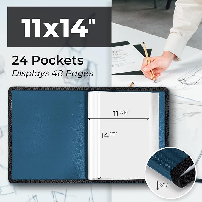 Dunwell 11x14 Art Portfolio Binder, 24-Sleeve, Mounting Paper, Blue | 24 Clear Sleeves, Displays 48 Pages, Mounting Paper Included, Artwork Storage, Acid-Free Poly Protection - Image 2