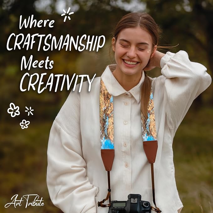 Art Tribute Camera Strap - Shoulder, Crossbody & Neck Camera Strap for Photographers, Fits All Cameras, Canon Nikon Sony Fujifilm, Padded Strap W/Quick Release, Embroidered Cotton & Leather Ends - Image 8
