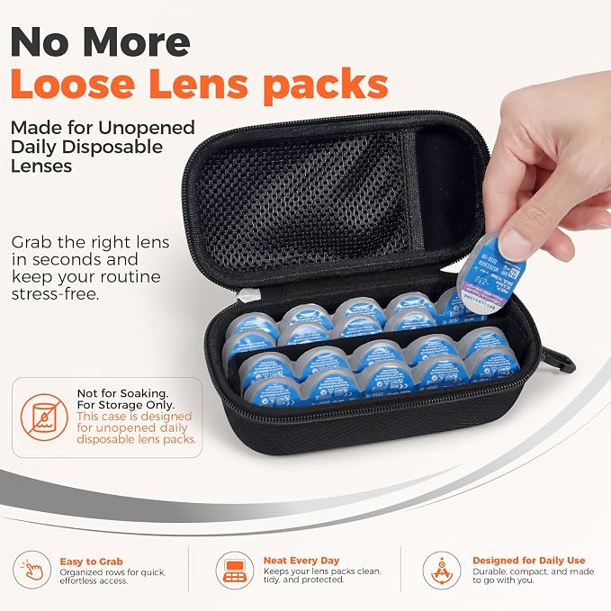 WOMACO Daily Contact Lens Case, Hard Shell Portable Contact Lens Travel Box for Disposable Daily Lenses, Left Right Separated Contact Lens Storage Organizer with Mesh Pocket (Black, for 40 pieces) - Image 2