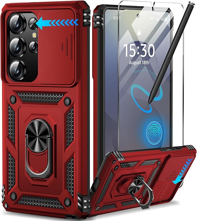 Taisairu for Samsung Galaxy S25 Ultra Case with Screen Protector & Slide Camera Lens Cover, Built-in Magnetic Ring Stand Shockproof Protective Phone Case for Samsung S25 Ultra Case (Red) by Taisairu