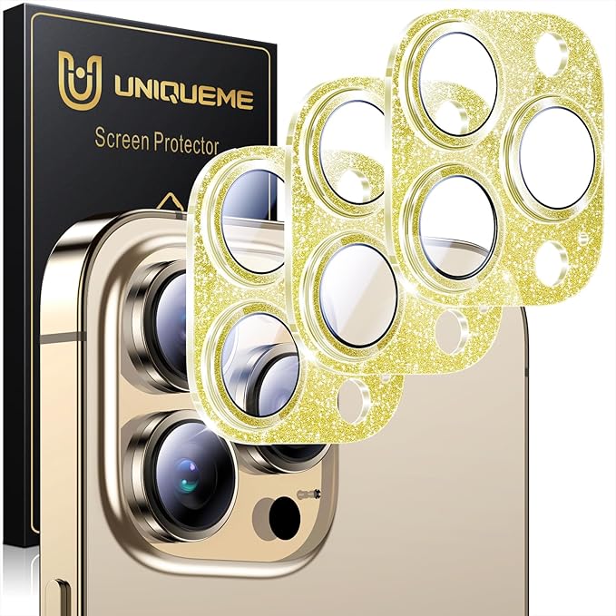 UniqueMe for iPhone 13 Pro Max/13 Pro Camera Lens Protector-Glitter Golden | 3 Pack-Acrylic, Not Glass, Case Friendly, Scratch-Resistant, Night Shooting Mode by UniqueMe