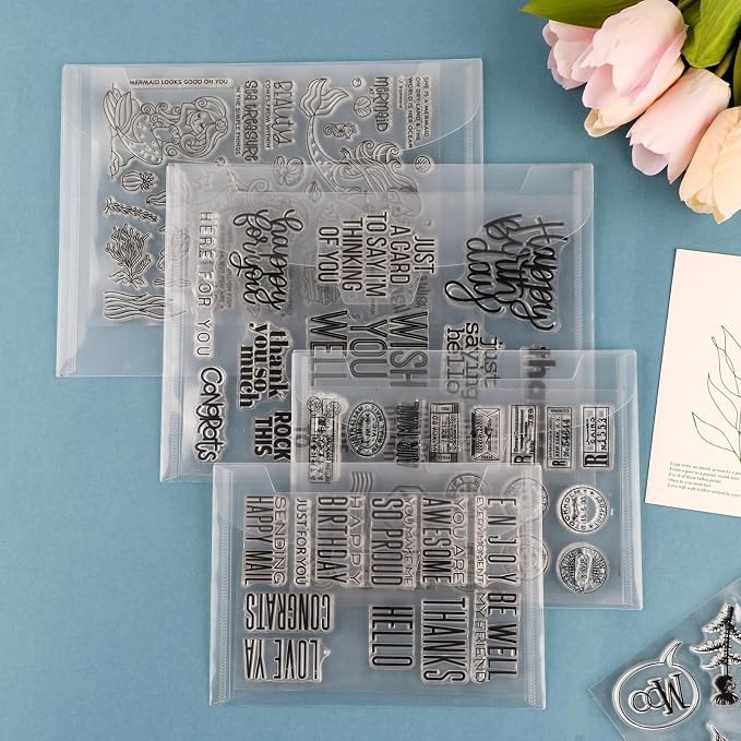 50Pieces Clear Stamp and Die Storage Pockets,48PCS Label Stickers,tamp Storage Bags, Plastic Envelopes,Scrapbooking Storage Die Cuts for Stencil Storage Card Making Cutting Dies Arts Crafts 7x5inch - Image 7