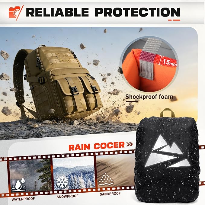 RAINSMORE Camera Backpack, DSLR/SLR/Mirrorless Camera Bag for Photographers | 15.6 Inch, Waterproof Tactical Photography Backpack Case, with Rain Cover & Tripod Holder - Image 4