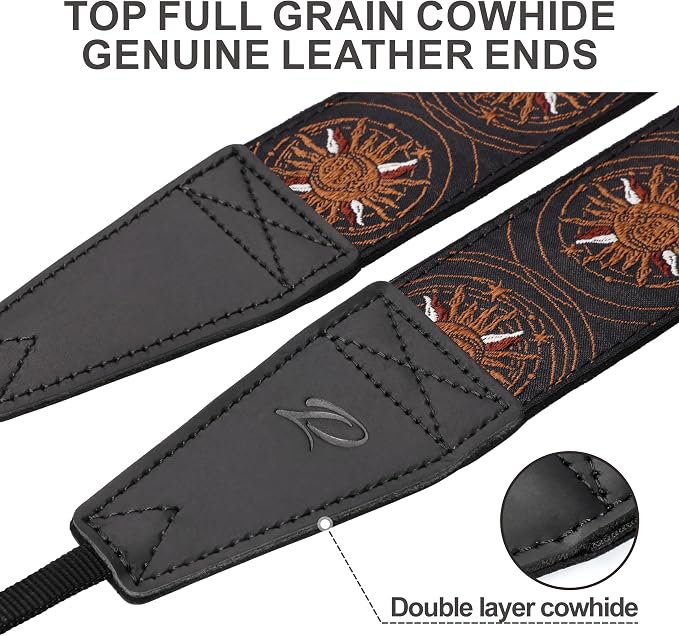 Padwa Lifestyle Brown Sun God Camera Strap - 2" Full Grain Leather Ends Camera Straps for Photographers, Vintage Embroidered Cotton Soft Suede Fabric Padded Strap Quick Release fits All Cameras - Image 2