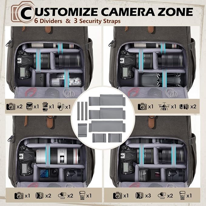 RAINSMORE Camera Backpack, DSLR SLR Mirrorless Camera Bag for Photographer | 15.6 Inch Vintage Canvas Camera Case with Laptop Compartment & Tripod Holder & Rain Cover for Sony Canon Nikon Fujifilm Grey - Image 3