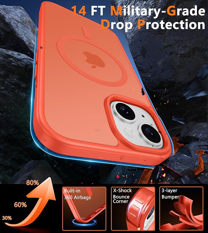 FNTCASE for iPhone 15/14/13 Case, Fit for Magsafe, Glass Screen Protector | Translucent Matte, Magnetic Phone Cases, 14FT Military Grade Drop Protection, Slim Shockproof Protective Cover, Orange - Image 5