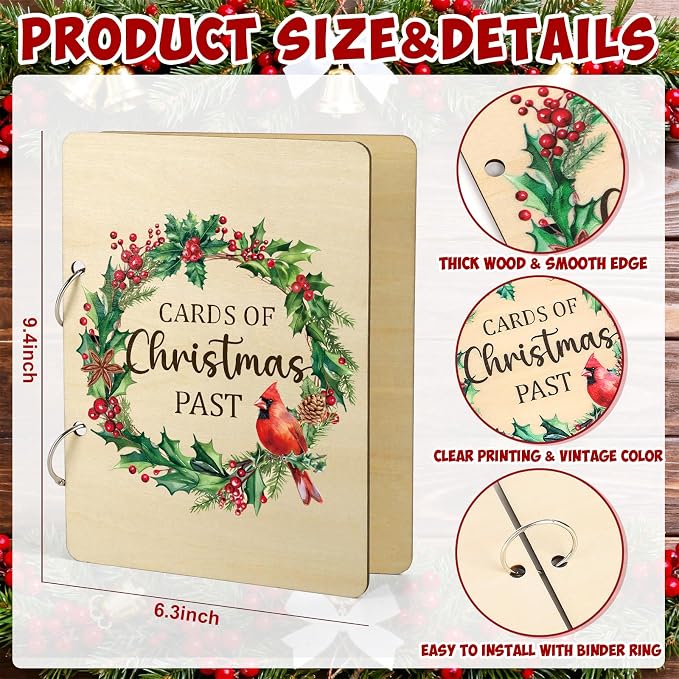 Wooden Christmas Card Organizer Merry Christmas Greeting Card Holder Xmas Holiday Post Cards Keeper Wood Memories Book or Binder for Storage Keepsake Album Photo Notes Gift Winter Past - Image 2