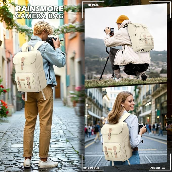 RAINSMORE Camera Backpack, DSLR SLR Mirrorless Camera Bag for Photographer | 15.6 Inch Vintage Canvas Camera Case with Laptop Compartment & Tripod Holder & Rain Cover for Sony Canon Nikon Fujifilm Beige - Image 4