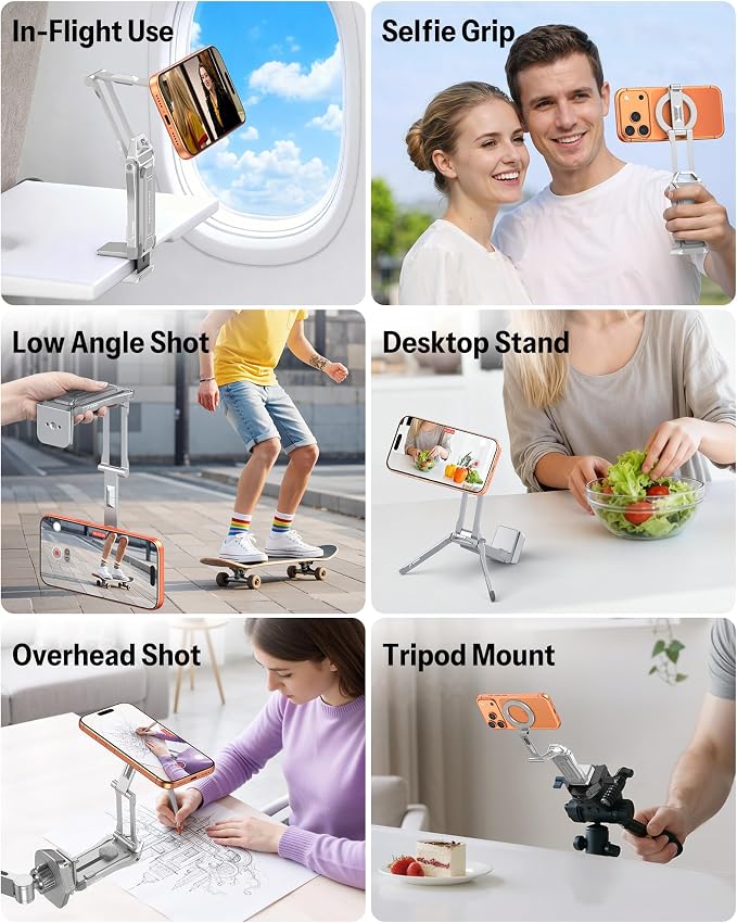 OMOTON TP02-Pro Magnetic Phone Holder, 5-in-1 Tripod Stand with Rear Attachment Plate | Desk, Kitchen, Gym, Vlogging | iPhone 12-17 Series, Silver - Image 5