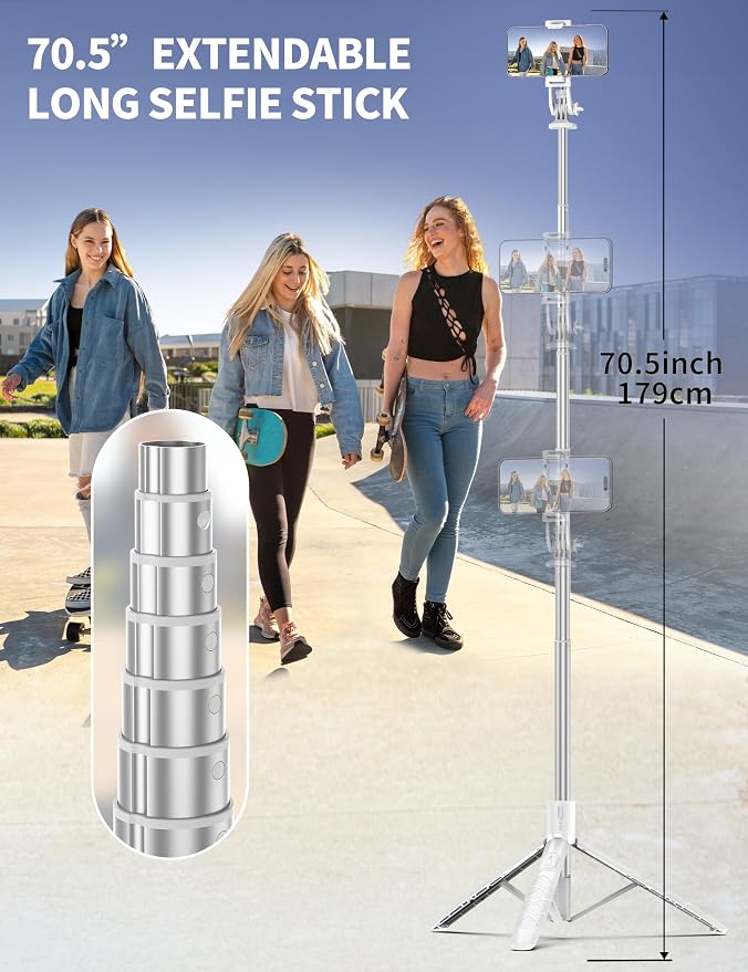 71" Selfie Stick, Smartphone Tripod Stand All-in-1 with Remote, Travel Tripod for iPhone, Extendable Cell Phone Tripods for Selfie/Video Recording/Photo/Live Stream/Vlog - Image 3