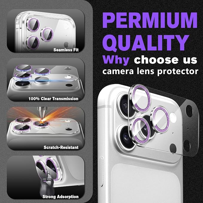 2 Pack for iPhone 17 Pro Max Camera Lens Protector | Bling Tempered Glass 9 Hardness,Anti-Scratch High Definition Camera Screen Protector (Purple) - Image 5