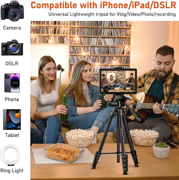 JOILCAN Camera Tripod, 68" Tablet Tripod Stand for Phone Camera | Travel Tripods Compatible with iPad iPhone DSLR SLR Projector, Cell Phone Tripods Stand with Remote/Travel Bag / 2 in 1 Mount - Image 3