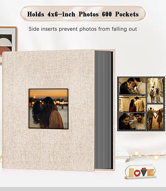 Ejblfe Photo Album 4x6,Linen Cover Slide-in Photo Album Book Can Holds 600 4x6 Photos with 60 Black Sheets for Family,Wedding,Baby and Holiday Pictures (Beige) - Image 3