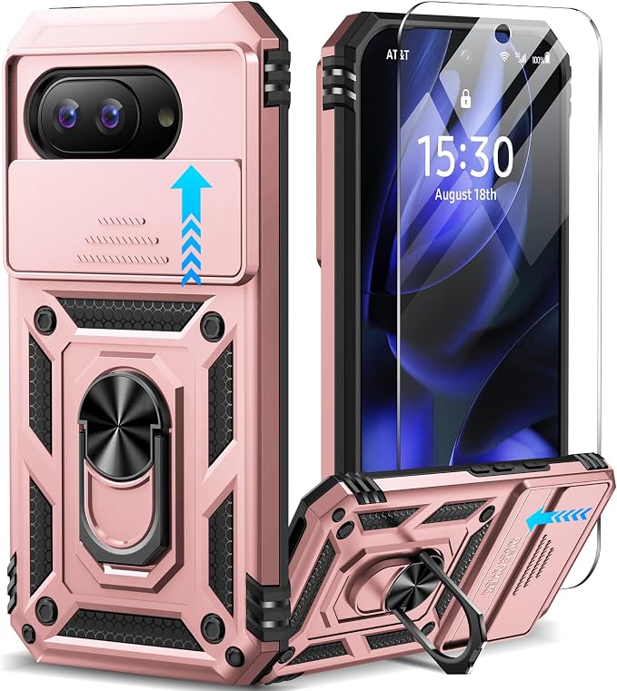 Taisairu for Google Pixel 9A Case with Screen Protector & Slide Camera Lens Cover, Built-in 360°Rotate Magnetic Ring Stand Shockproof Protective Phone Case for Google Pixel 9A Case (Rose Gold) by Taisairu