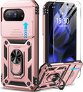 Taisairu for Google Pixel 9A Case with Screen Protector & Slide Camera Lens Cover, Built-in 360°Rotate Magnetic Ring Stand Shockproof Protective Phone Case for Google Pixel 9A Case (Rose Gold) by Taisairu