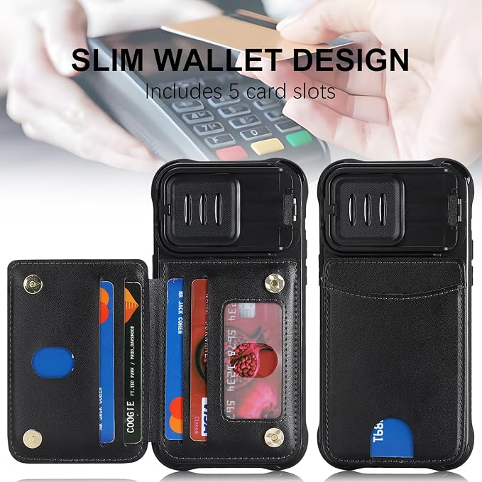 Cavor for iPhone 14 Pro Max Wallet Case with Card Holder, Black | Slide Camera Control Cover, PU Leather Kickstand Stand Protective Phone Case for Women Men - Image 2