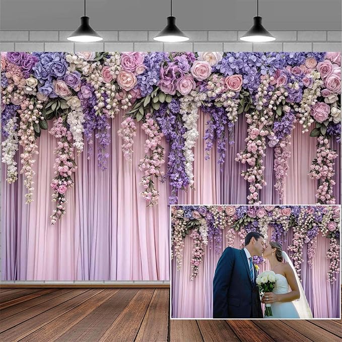 5x3ft Purple Flower Wedding Photography Backdrop Lavender Floral Wedding Bridal Photography Backdrop Anniversary Birthday Baby Shower Girl Party Banner Photo Booth Props Background Wall Decor by Mtsxfy