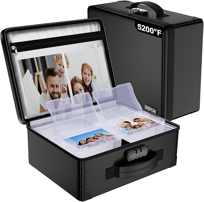 ENGPOW Fireproof 5200°F Photo Storage Box with 16 Inner 4" x 6" Photo Case(Clear), Photo Organizer with Lock, Portable Acid-Free Photo Keeper Safe Storage with Handles for Home, Office, Travel by ENGPOW