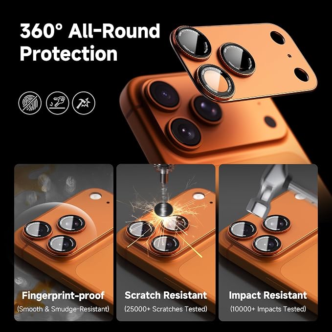 CACOE Metal Camera Lens Protector for iPhone 17 Pro Max | 9H Tempered Glass, Aluminum Frame, HD Clarity, Scratch-Resistant, Camera Screen Protector Cover Accessories, Orange - Image 6