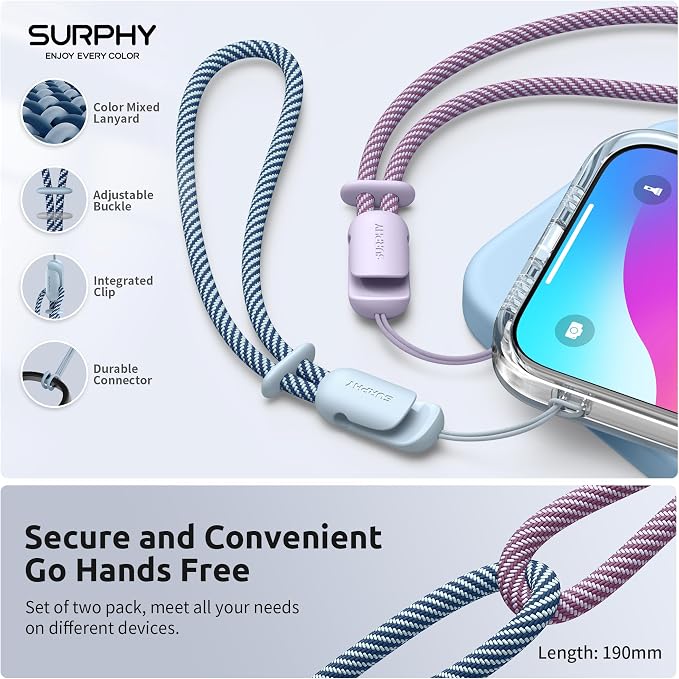 SURPHY 2 Pack Phone Lanyard, Phone Wrist Strap for Case, Camera Wrist Strap | Ultra-Light 2-Color Braided Phone Strap, Cellphone Charm Strap, Anti-Lost Wrist Lanyard for Women and Men, Lilac Cloud Blue - Image 2