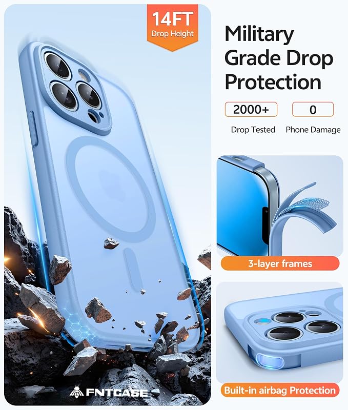 FNTCASE for iPhone 13 Pro Case, Fit for Magsafe, Screen Protector | Full Camera Protection, Translucent Matte, 14FT Military Grade Drop Proof, Shockproof Protective Phone Cover, Light Blue - Image 5
