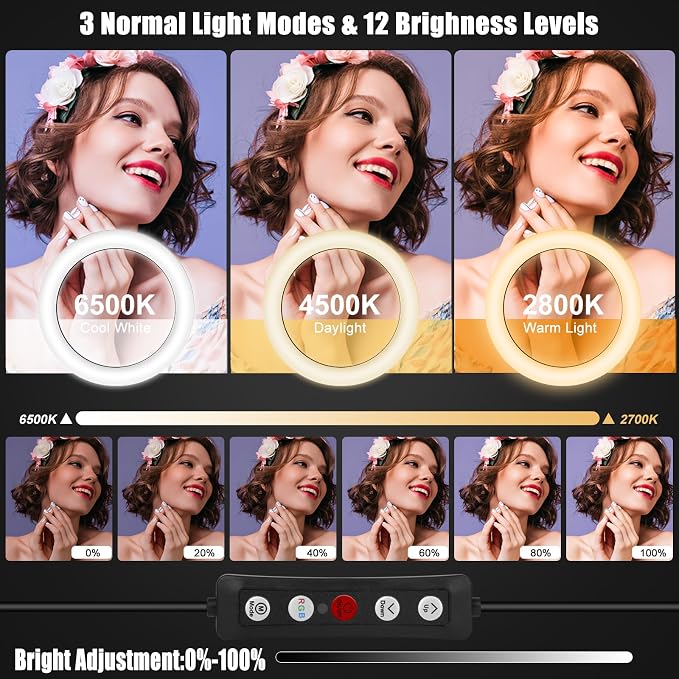 10.3" Selfie Ring Light with 73" Tripod Stand Phone iPad Holder-51 RGB Mode | Wireless Remote Circle Halo Light for iPhone, 12 Dimming Levels LED Ringlight with Stand for Makeup/Live Stream/Photo/TikTok - Image 2