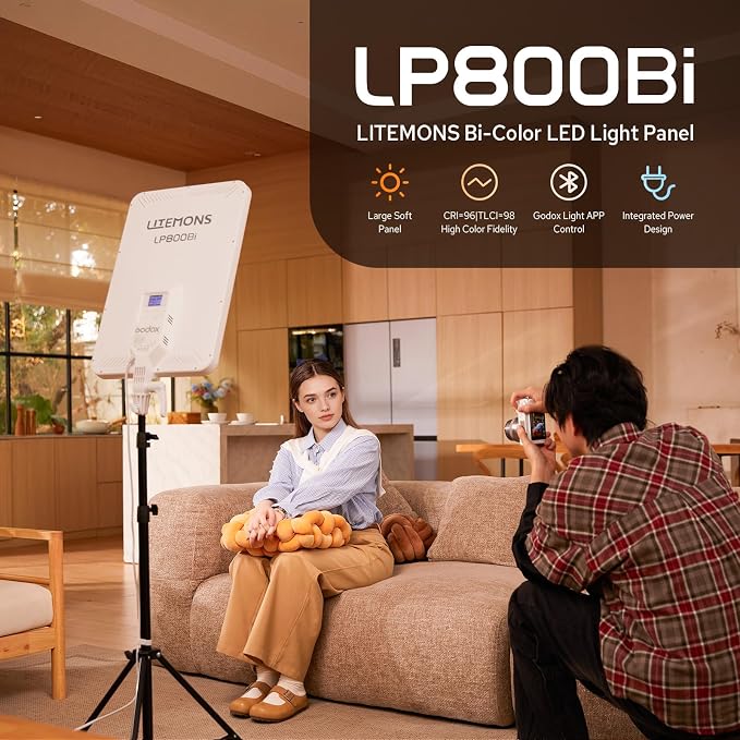 Godox LP800Bi 85W Bi-Color LED Video Light w/Stand, 2800K-6500K, 0-100% Dimmable LED Panel Light, 180°Adjustable Angle, APP Control, CRI96+ TLCI98+, Studio Soft Light for Video Photography - Image 2