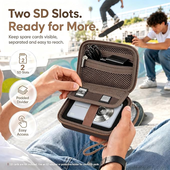Comecase Camera Case for Kodak PIXPRO FZ55/FZ45, Coffee Brown | Hard EVA Shell, Padded Divider and 2 SD Card Slots Organize a Compact Camera, Charger and Cable for Travel, Case Only - Image 4
