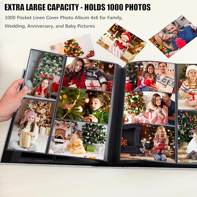 Aevdor Large Capacity 4x6 Photo Album, 1000 Photos, Linen Cover, Grey | Black Inner Pages, 3 Horizontal and 2 Vertical Pockets per Side, Front Photo Window, Family, Wedding & Travel Memories - Image 3