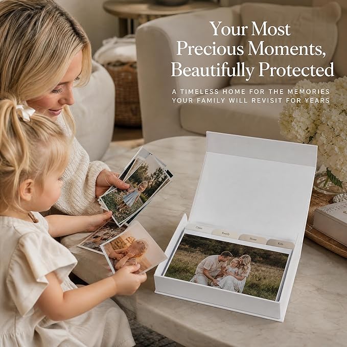 ZICOTO Decorative Photo Storage Box Set of 5 for 4x6 Pictures with Dividers | Sturdy Photo Album Organizer Boxes with Pre-printed Labels Keep Pictures Beautifully Organized on Your Home Decor Shelf - Image 4