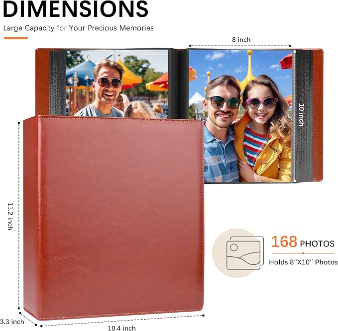 Aevdor 8x10 Photo Album, 168 Photos, Leather Cover, Brown | Large Capacity, Side-Loading Clear Pockets, Vertical 8x10 Layout, Black Inner Pages, Wedding, Travel, Baby & Family Memories - Image 2