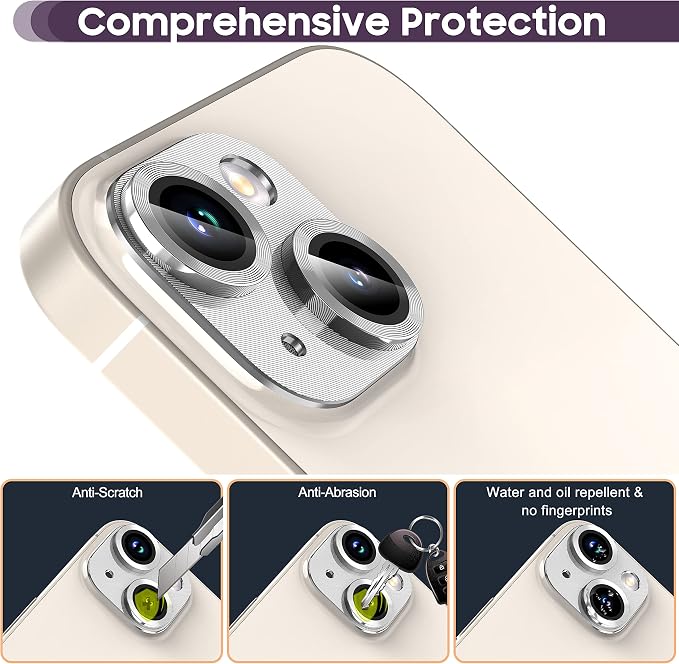 Suoman for iPhone 14 6.1 inch/iPhone 14 Plus 6.7 inch Camera Lens Protector, 9H Tempered Glass Film, [Does not Affect Night Shots] Metal Lens Protective Cover - Silver - Image 5