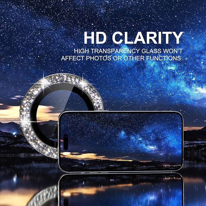 Choiche for iPhone 15 Pro/iPhone 15 Pro Max Camera Lens Protector | Ultra HD, Bling 9H Tempered Glass Camera Cover Screen Protector Metal Ring Decoration Accessories (Glitter-Silver) - Image 5