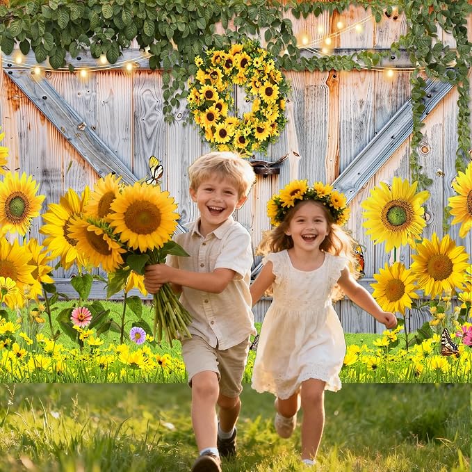 Sunflower Photo Backdrop for Photography, 10x8ft | Vinyl Wall Background for Photoshoot, Yellow Flower, Rustic Barn Wood Door, for Birthday Decorations, Outdoor Party - Image 5
