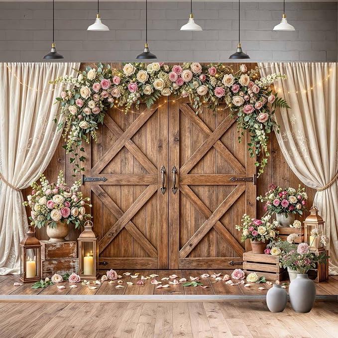 5x4ft Wedding Backdrop Rustic Floral Flower Wooden Wall Backdrop Bridal Baby Shower Ceremony Photography Background Shabby Chic Countryside Western Anniversary Wedding Party Birthday Photo Prop - Image 3
