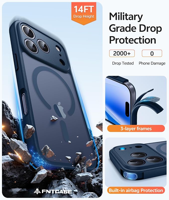 FNTCASE for iPhone 17 Pro Max Case, Fit for Magsafe, Screen Protector Blue | Full Camera Protection, Translucent Matte, 14FT Military Grade Drop Proof, Shockproof Protective Phone Cover, Blue - Image 5