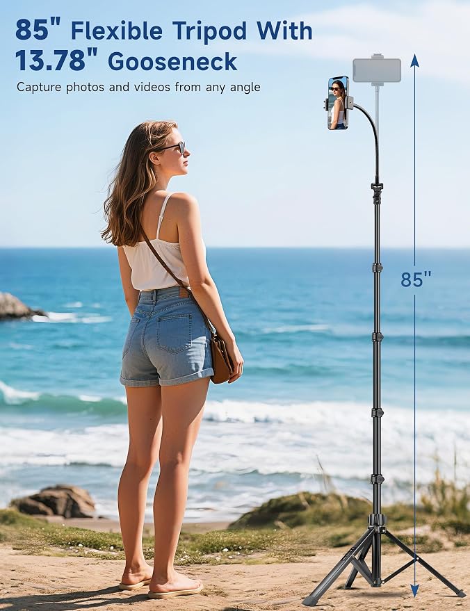 Phone Tripod Stand, 85" Tall Cellphone Tripod for iPhone with Gooseneck | Flexible Portable Phone Stand with Remote for Recording, Compatible with iPhone 14 13 12 Pro Android Camera - Image 2