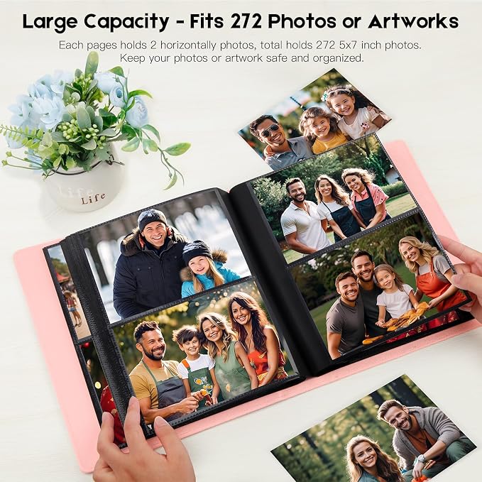 Aevdor 5x7 Photo Album, Holds 272 Photos, Leather Cover, Pink | Clear 5x7 Photo Pockets, Front Display Window, Family, Wedding, Birthday, Anniversary & Travel Memories - Image 2
