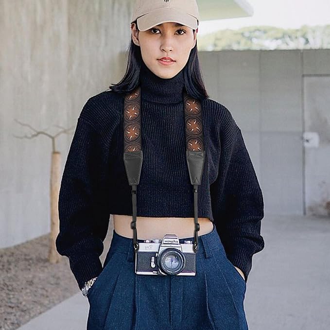 Padwa Lifestyle Brown Sun God Camera Strap - 2" Full Grain Leather Ends Camera Straps for Photographers, Vintage Embroidered Cotton Soft Suede Fabric Padded Strap Quick Release fits All Cameras - Image 5