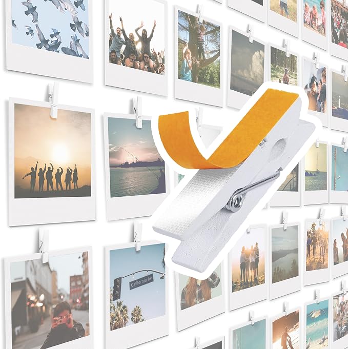 20 Pack Mini Self Adhesive Clips for Pictures - White Wood Clip Photo Holders for Wall, Poster Hanger, Photo Cards Hanging Display Board & Picture Boards, Artwork Photos Holders Card Room Decor by TOROS