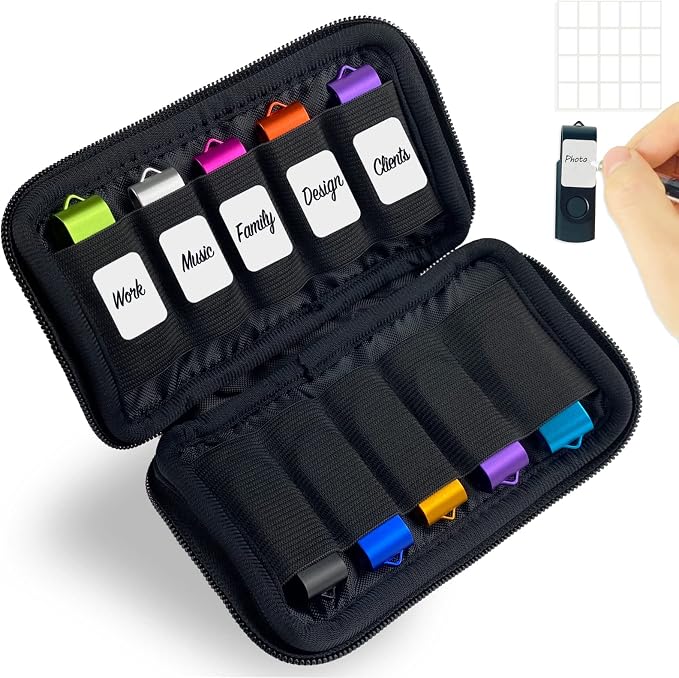 JBOS 10 Slots Neoprene USB Flash Drive Case with 20 Identification Labels,Anti-Static Thumb Drive Organizer Bag, Slim Portable Memory Stick Storage Pouch for Travel, Office & Home, Black by JBOS