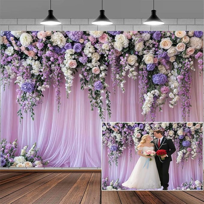 5x4ft Purple Lavender Floral Bridal Backdrop Wedding Flower Photography Backdrop for Girl Portrait Baby Shower Birthday Party Decor Banner Mother's Day Party Wall Backdrop Studio Photo Backgrounds by Mtsxfy