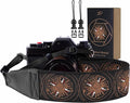 Padwa Lifestyle Brown Sun God Camera Strap - 2" Full Grain Leather Ends Camera Straps for Photographers, Vintage Embroidered Cotton Soft Suede Fabric Padded Strap Quick Release fits All Cameras by PadwaLifestyleCameraStrap