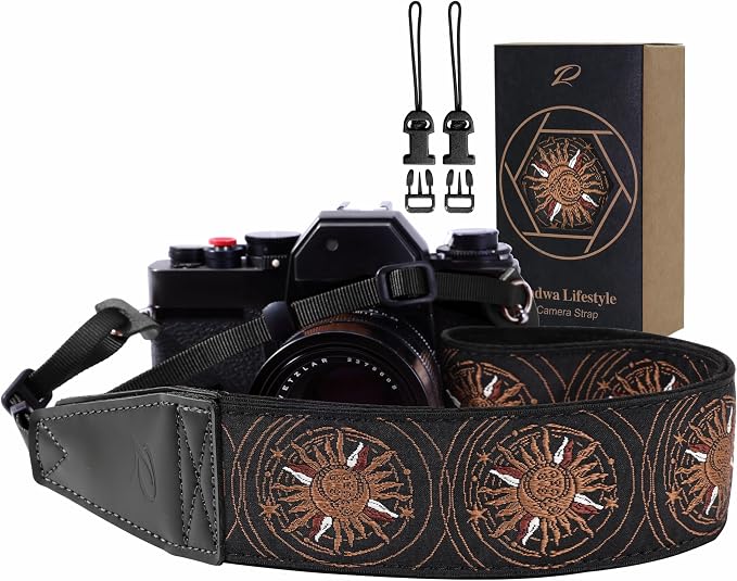 Padwa Lifestyle Brown Sun God Camera Strap - 2" Full Grain Leather Ends Camera Straps for Photographers, Vintage Embroidered Cotton Soft Suede Fabric Padded Strap Quick Release fits All Cameras by PadwaLifestyleCameraStrap