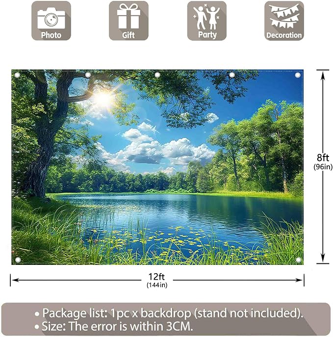 Fabric 12x8ft Lake Natural Scenery Backdrop River Camp Banner | Mountain Forest Tree Blue Sky Bokeh Photography Background, Picnic Hiking Party Decorations, Spring Outdoor Photo Props - Image 3