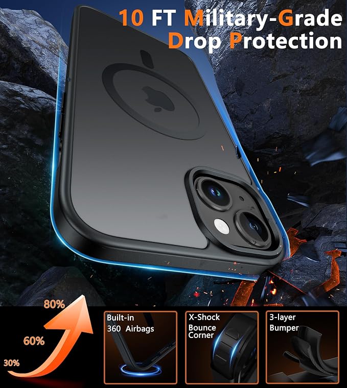 FNTCASE for iPhone 15/14 Plus Case, Fit for Magsafe, Screen Protector Black | Translucent Matte Magnetic Back, 14FT Military Grade Drop Protection, Shockproof Protective Phone Cover, Black - Image 6