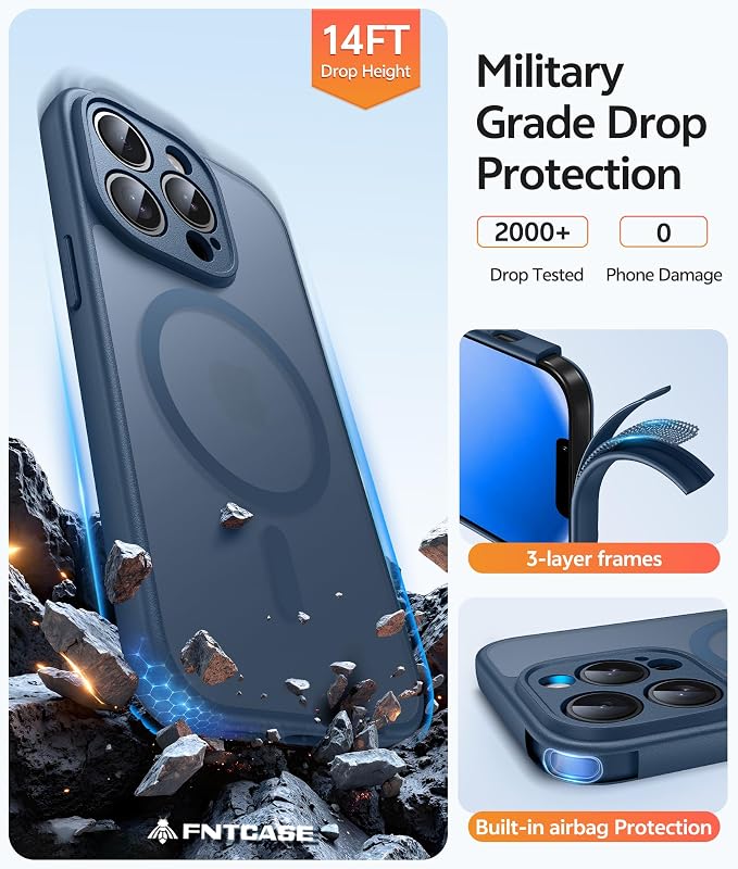 FNTCASE for iPhone 13 Pro Case, Fit for Magsafe, Screen Protector Blue | Full Camera Protection, Translucent Matte, 14FT Military Grade Drop Proof, Shockproof Protective Phone Cover, Blue - Image 5