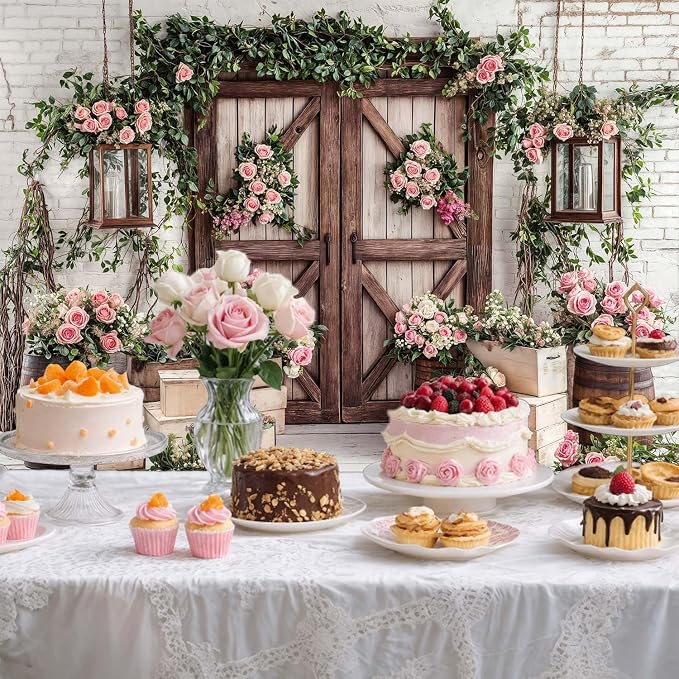 15x10ft Country Wedding Photography Backdrop Floral Rustic Roses Farmhouse Wooden Door Backdrop Pink Flower Birthday Baby Shower Wedding Bridal Party Banner Photo Booth Props Anniversary Background - Image 5