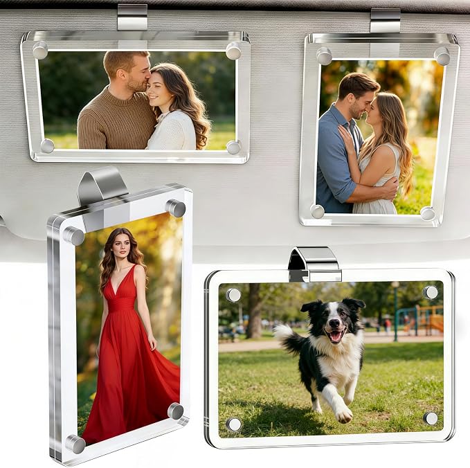 2 Pack Car Picture Holder, Clear Acrylic Magnetic Car Visor Photo Clip | Clear Anti-yellow Acrylic, Strong Magnets & Stable Metal Clip; Horizontal/Vertical Display, Personalized Car Picture Frame by SESAISHEIR
