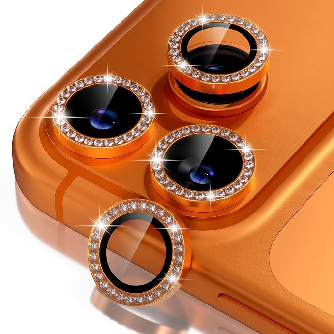 Misea Compatible for iPhone 17 Pro/iPhone 17 Pro Max Camera Lens Protector | 9H Tempered Glass Ultra HD Bling Camera Screen Protector Cover Metal Individual Ring Decoration Accessories, Orange Diamond by Misea